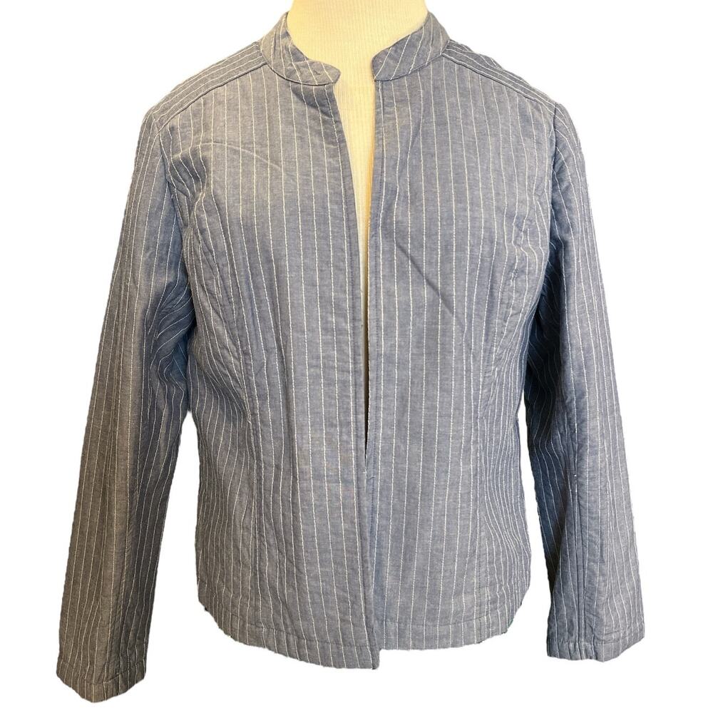 Chico’s Open Front Jacket Size 1 S Chambray Blue White Top Stitch Cottage Asian